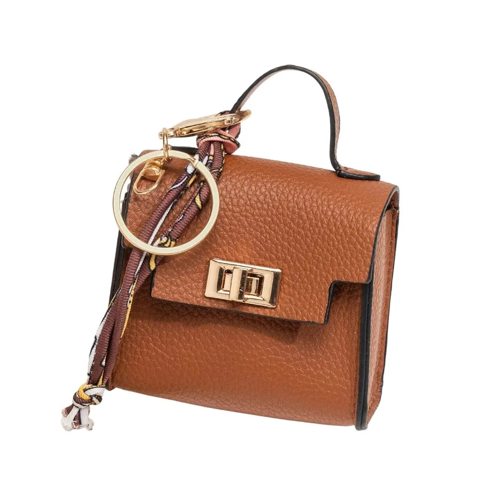 Mini Vegan Leather Bag Charm in Light Brown — mini vegan leather bag charm and coin purse