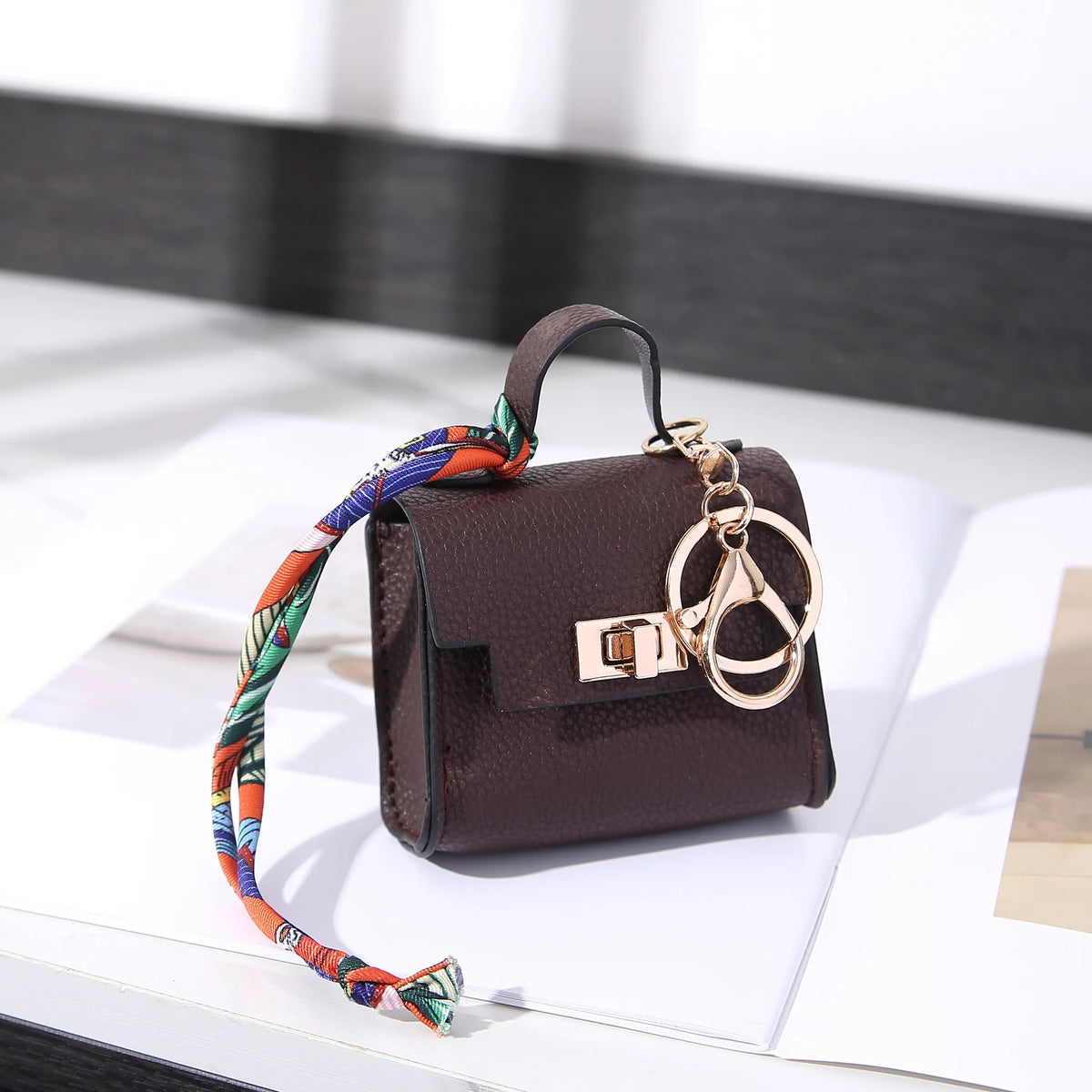 Mini Vegan Leather Bag Charm in Brown — mini vegan leather bag charm and coin purse