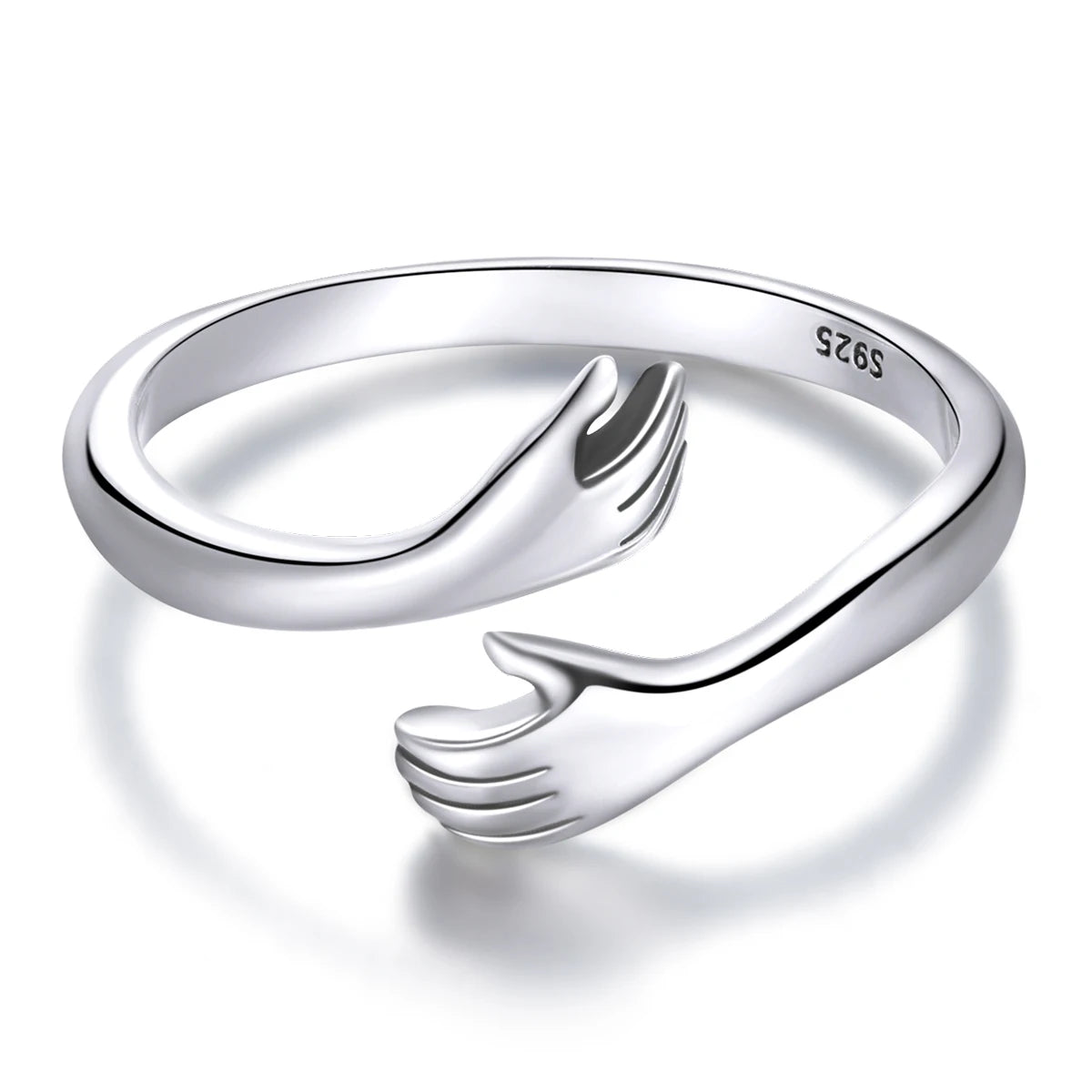 The Hug Ring in Silver — 925 sterling silver adjustable ring with two hugging hands