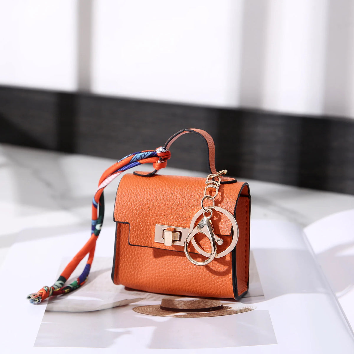 Mini Vegan Leather Bag Charm in Orange — mini vegan leather bag charm and coin purse