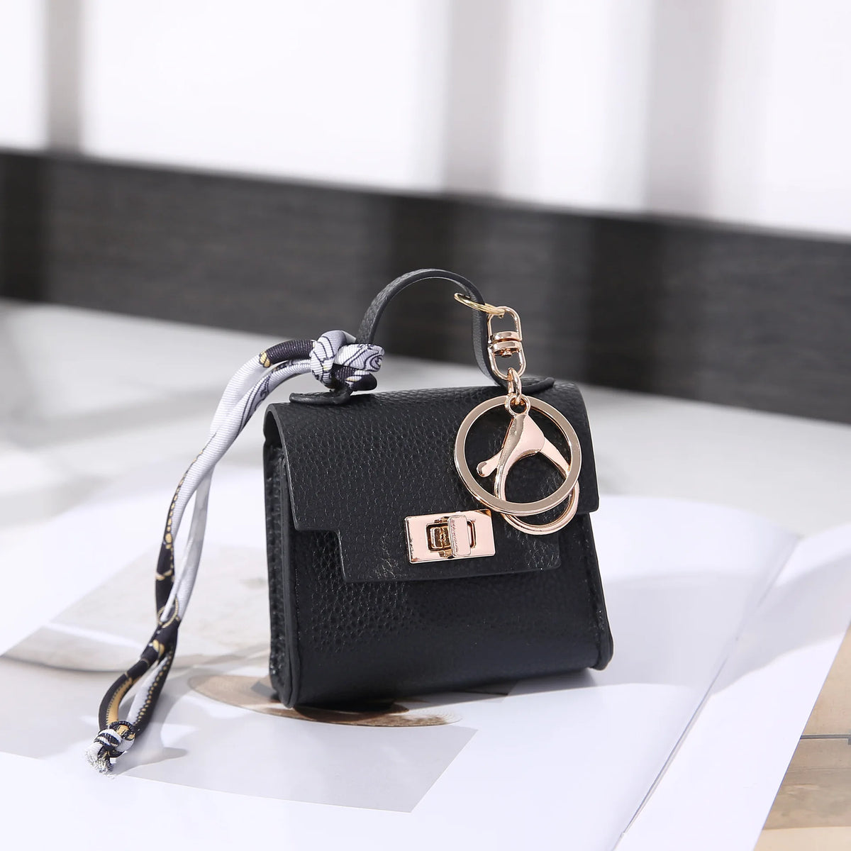Mini Vegan Leather Bag Charm in Black — mini vegan leather bag charm and coin purse