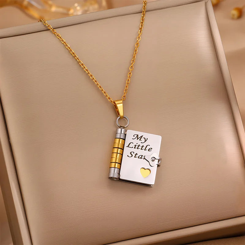 My Little Star openable book necklace in Two-Tone — for daughter with 6 engraved pages