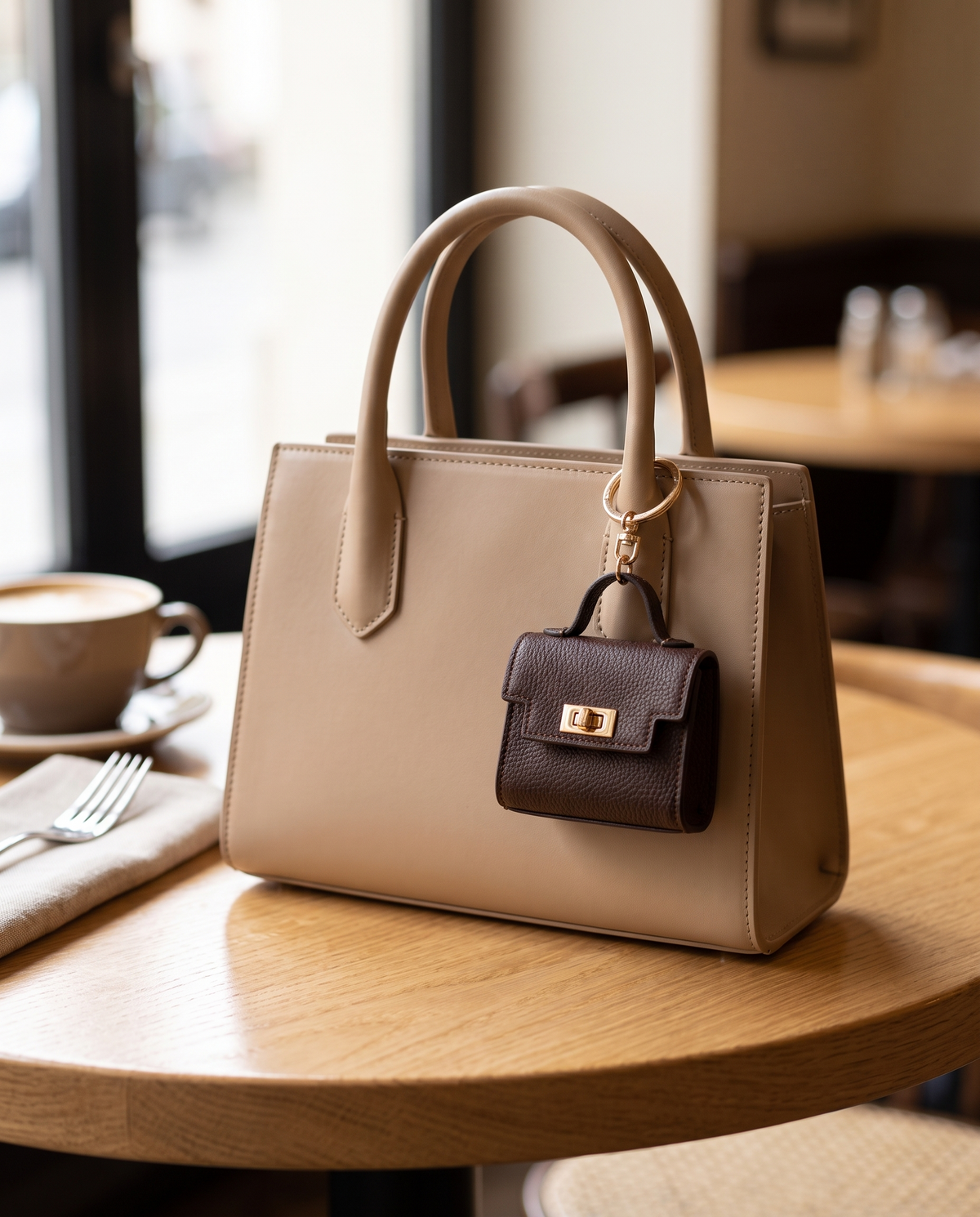 Mini bag charm clipped onto a handbag
