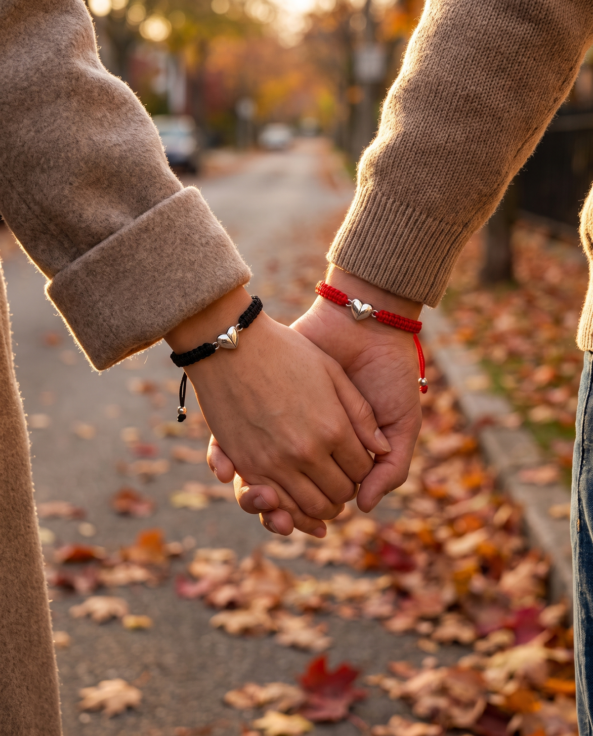 Couple walking hand in hand wearing magnetic heart bracelets