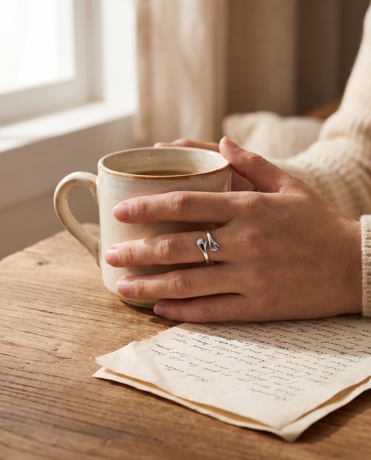 The Hug Ring worn while holding a coffee mug